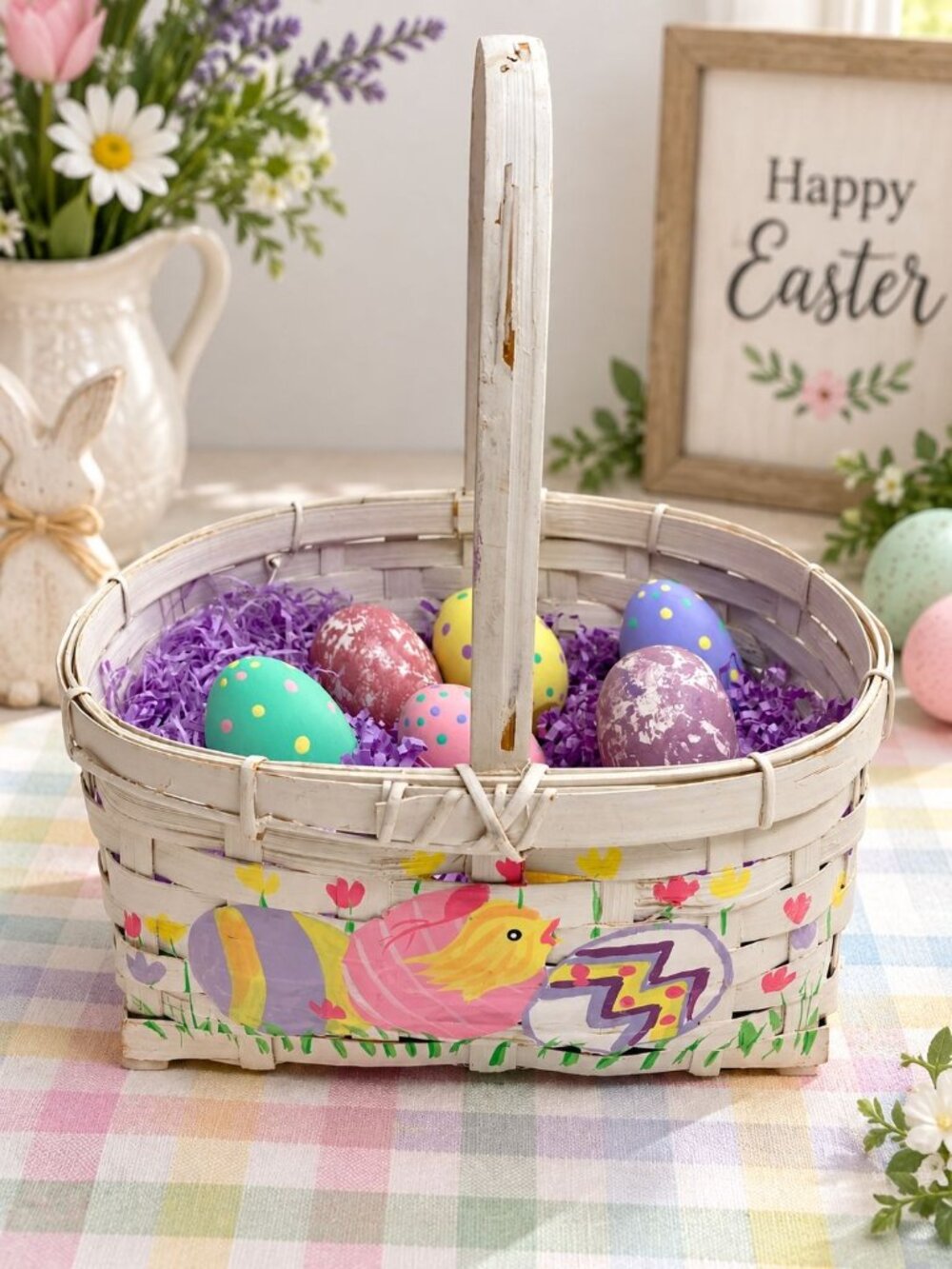 Hand-Painted Easter Basket 7 Decorative Wooden Dotted Eggs Spring Purple Grass